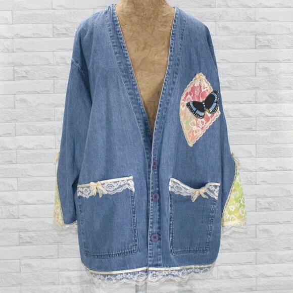 Hand Crafted Jackets & Blazers - HAND CRAFTED Jacket Denim Oversized Upcycled Tie Dye Lace Butterflies Plus Size